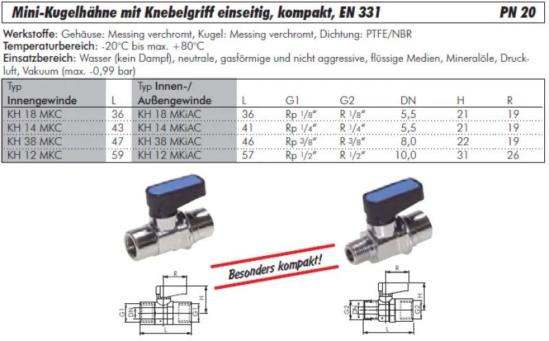 Datenblatt Mini-Kugelhahn mit Knebelgriff Messing verchromt PN 10 alle Größen
